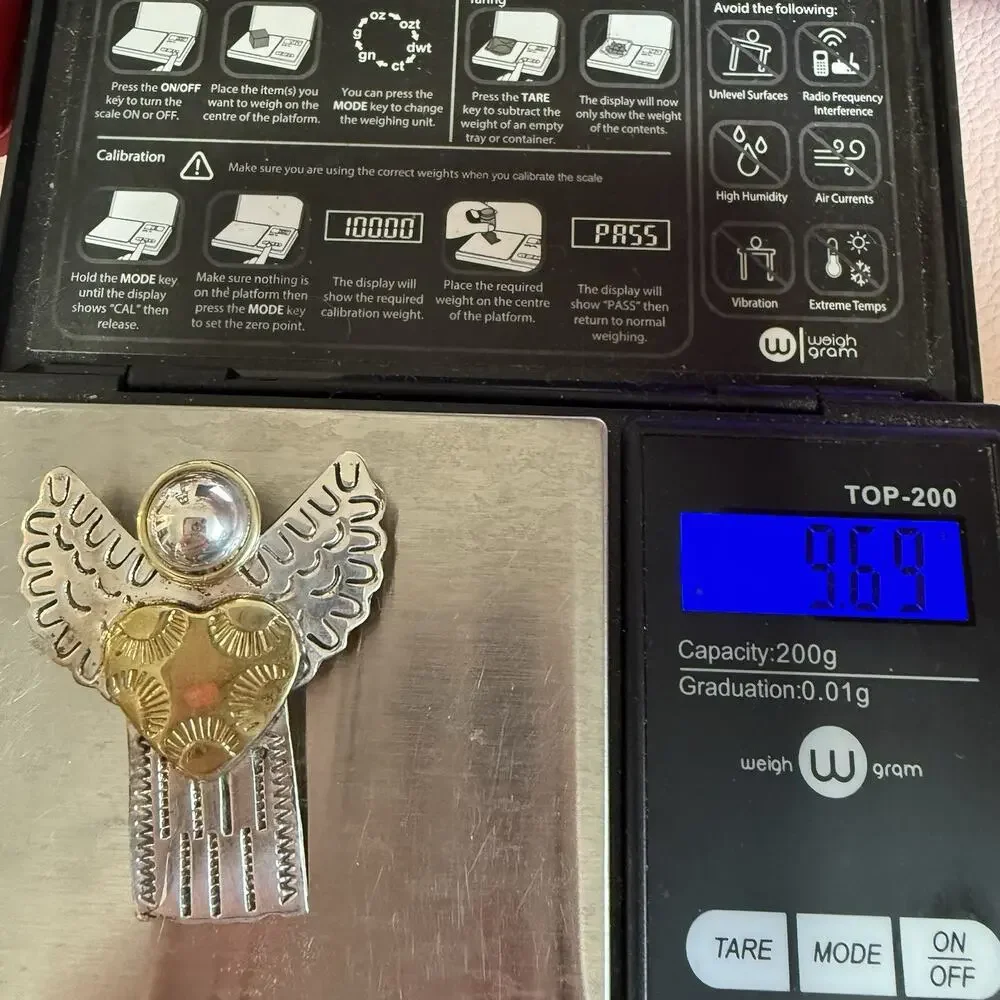 Vintage 925 Sterling Silver and Brass Angel Heart Brooch and Pendant 9 grams